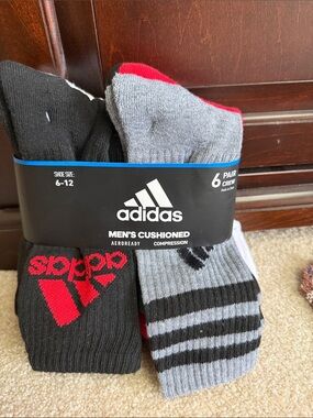 adidas Men’s Cushioned Crew Socks - Black, Gray, Red (6-Pack)